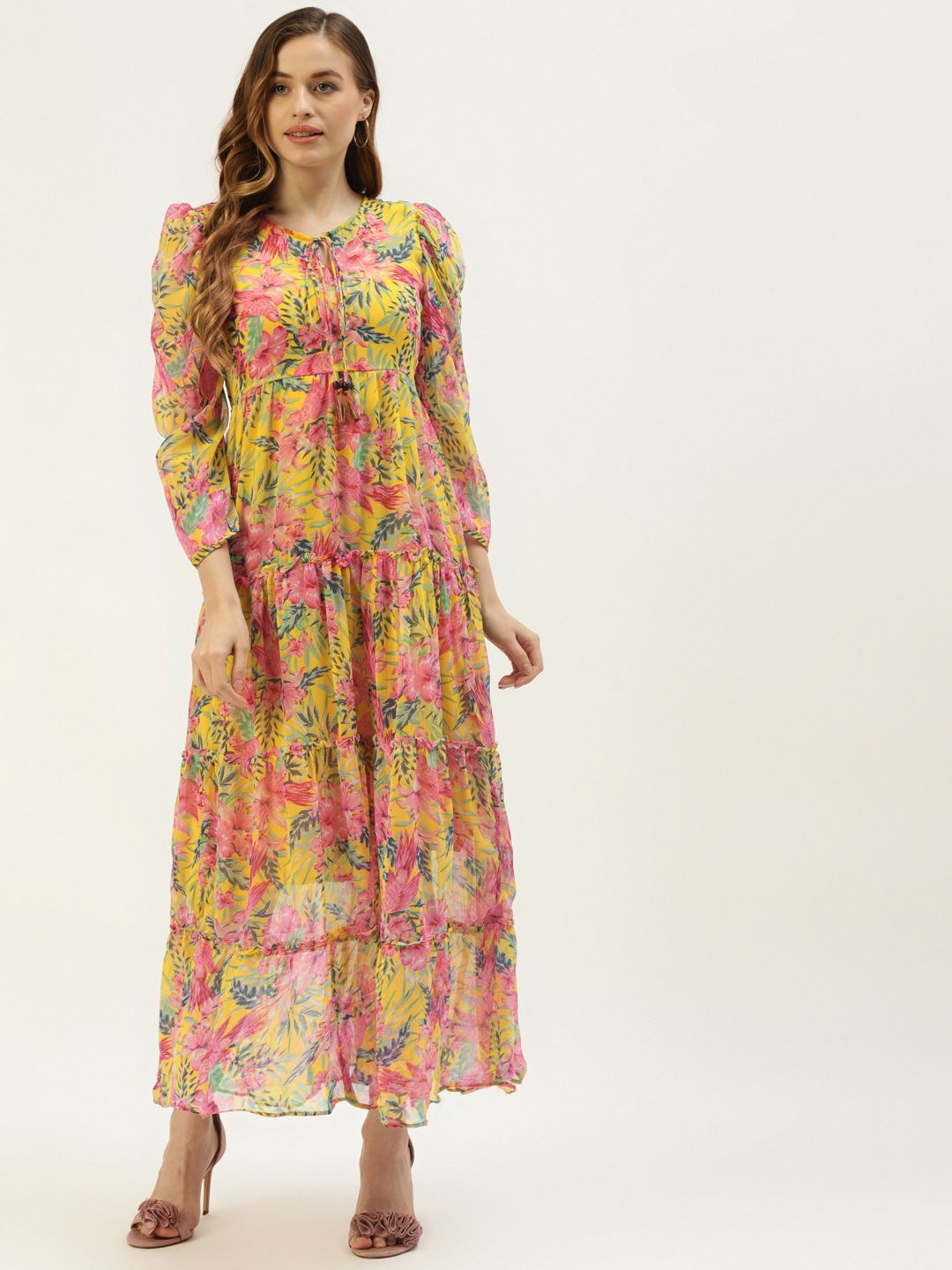 VAABA Women Yellow & Pink Floral Tie-Up Neck Chiffon Ethnic A-Line Maxi Dress Price in India
