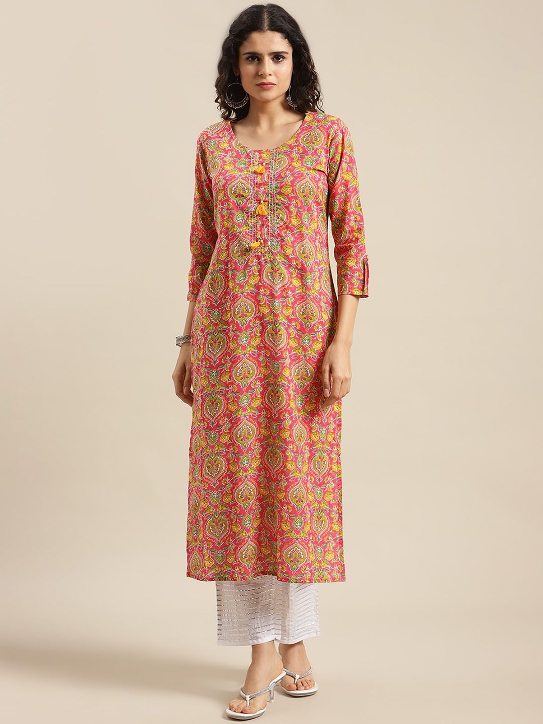 Varanga Women Pink Ethnic Motifs Printed Cotton Kurta Price in India