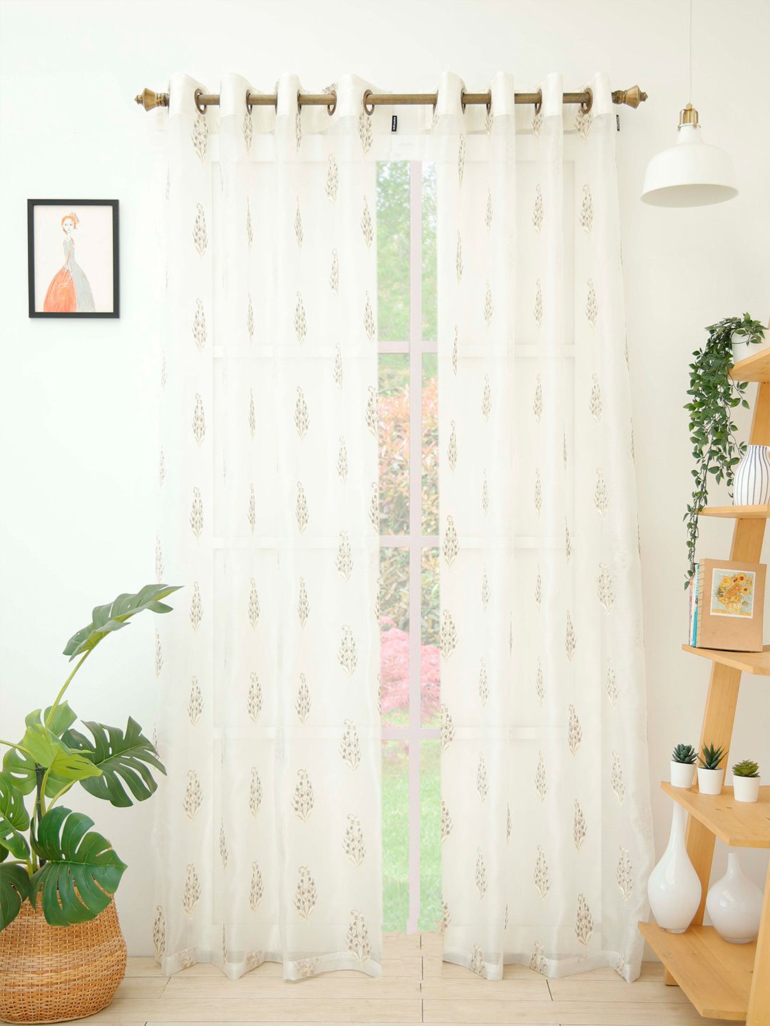 Ariana Beige & Off White Set of 2 Ethnic Motifs Embroidered Sheer Long Door Curtain Price in India