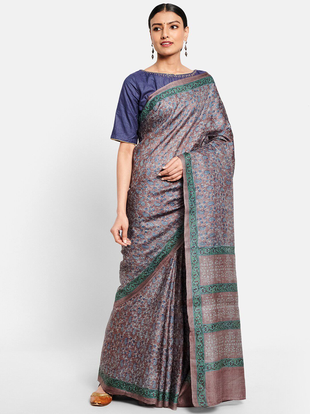 Fabindia Brown & Blue Ethnic Motifs Pure Silk Block Print Saree Price in India