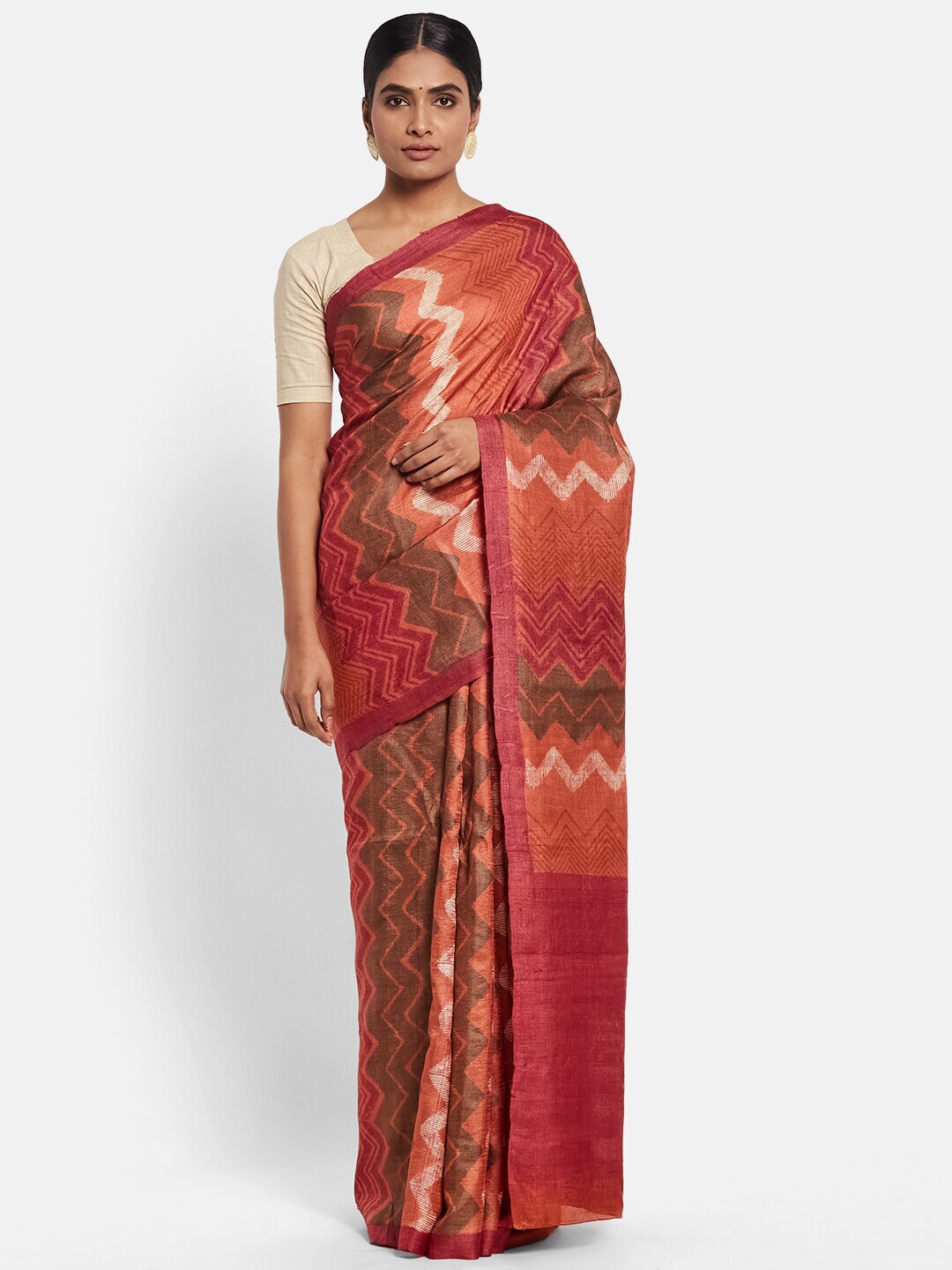 Fabindia Rust Geometric Printed Pure Silk Saree Price in India