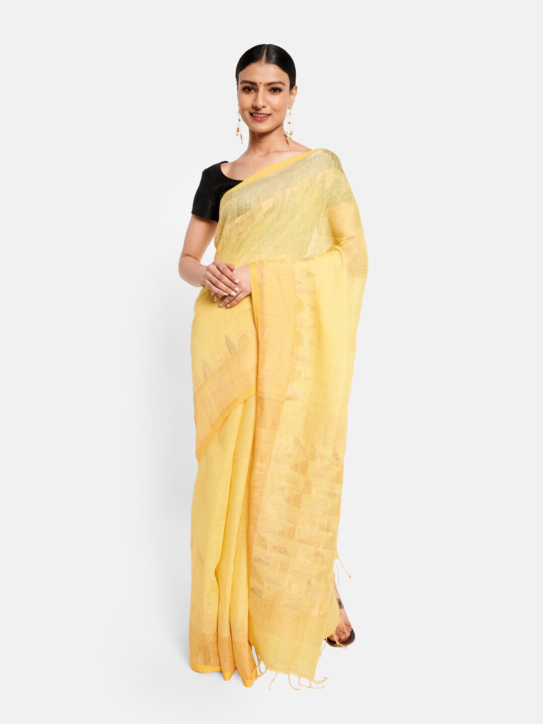 Fabindia Yellow & Beige Pure Linen Jamdani Saree Price in India