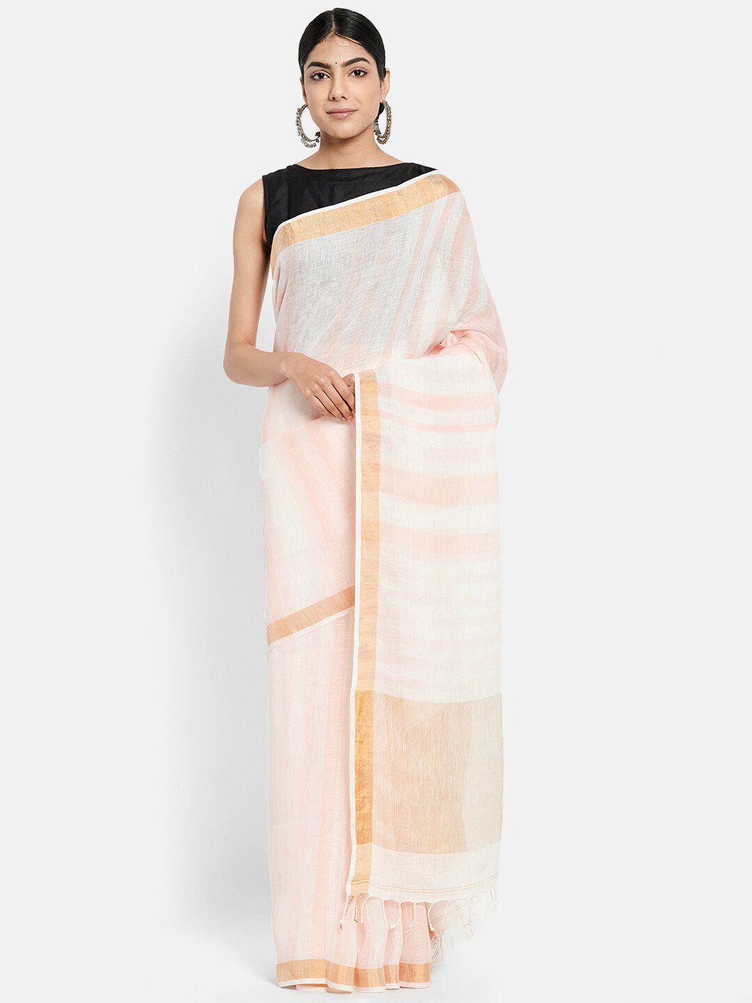 Fabindia Peach-Coloured & Off White Striped Zari Pure Linen Saree Price in India