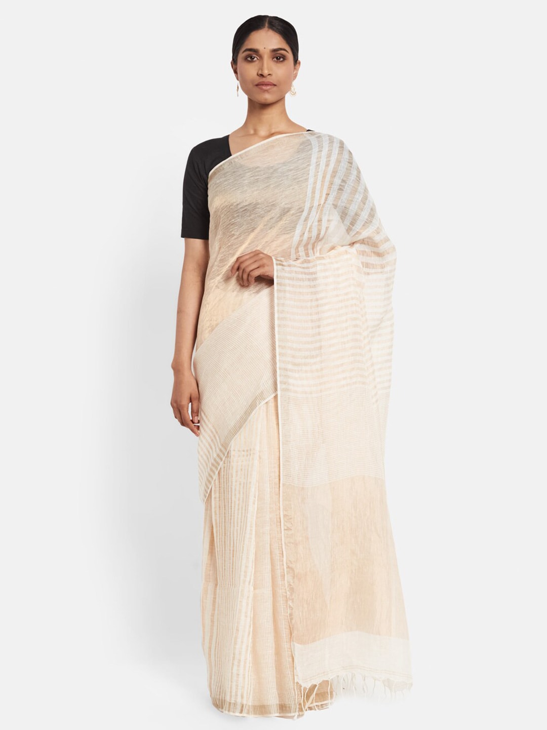 Fabindia Off White & Cream-Coloured Striped Zari Pure Linen Saree Price in India