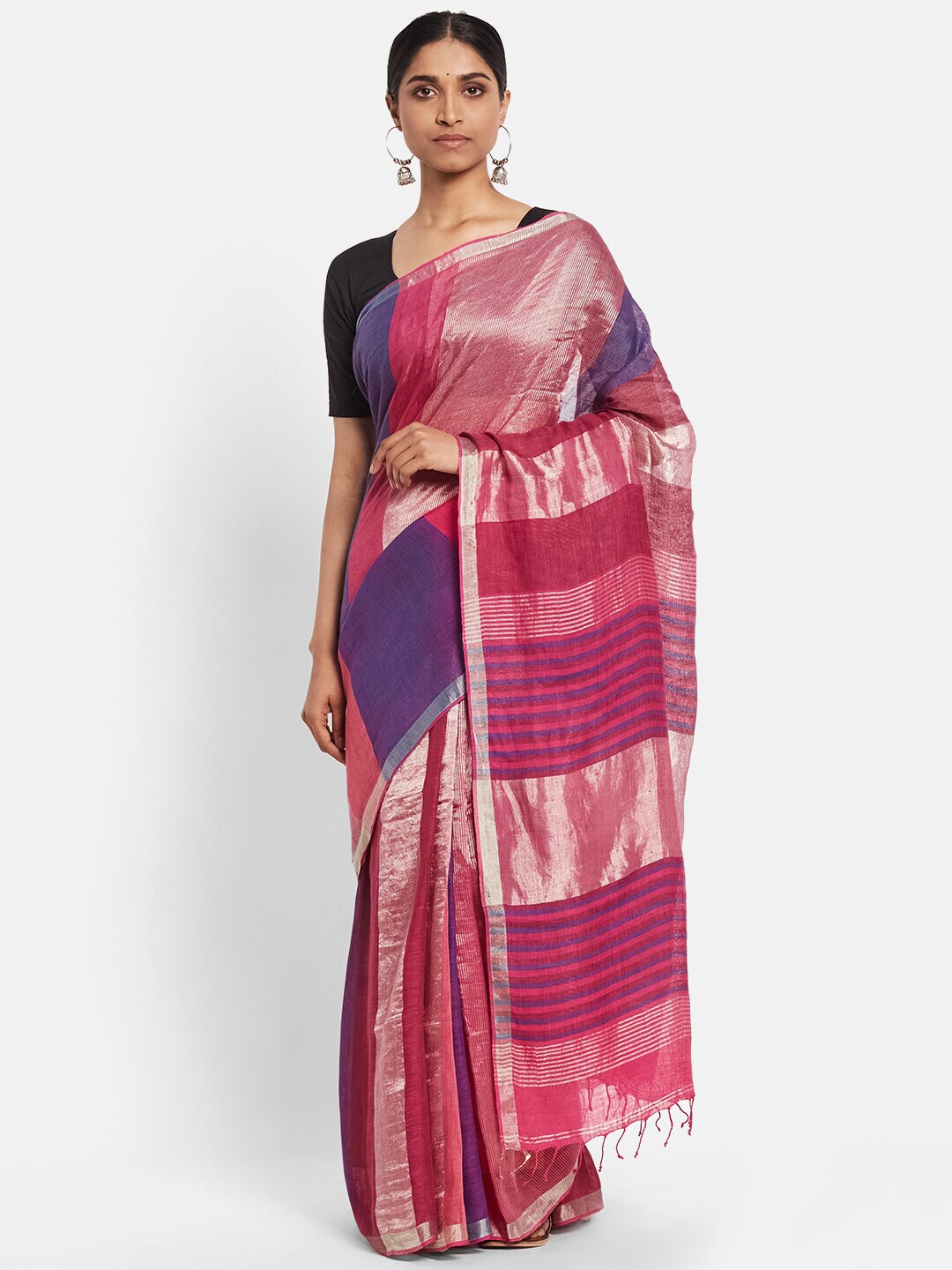 Fabindia Magenta & Purple Striped Pure Linen Saree Price in India