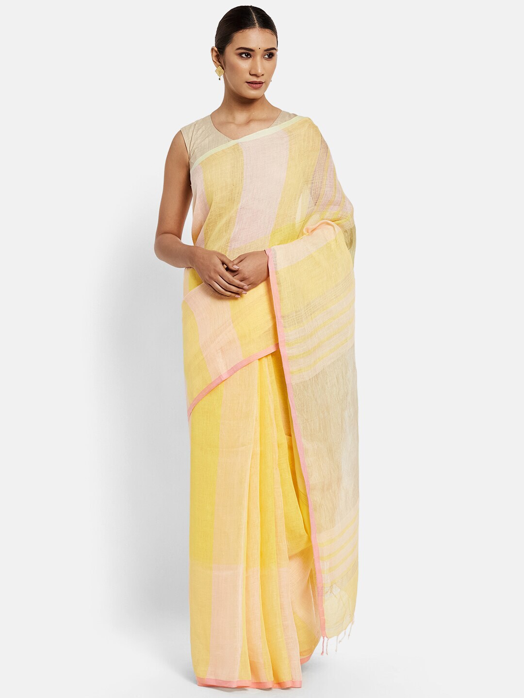 Fabindia Yellow & Beige Solid Woven Design Pure Linen Saree Price in India