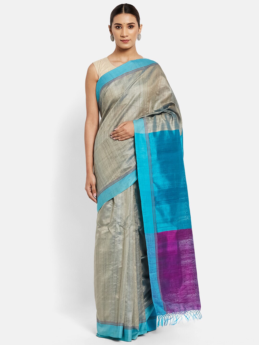 Fabindia Blue & Grey Solid Woven Design Silk Cotton Saree Price in India