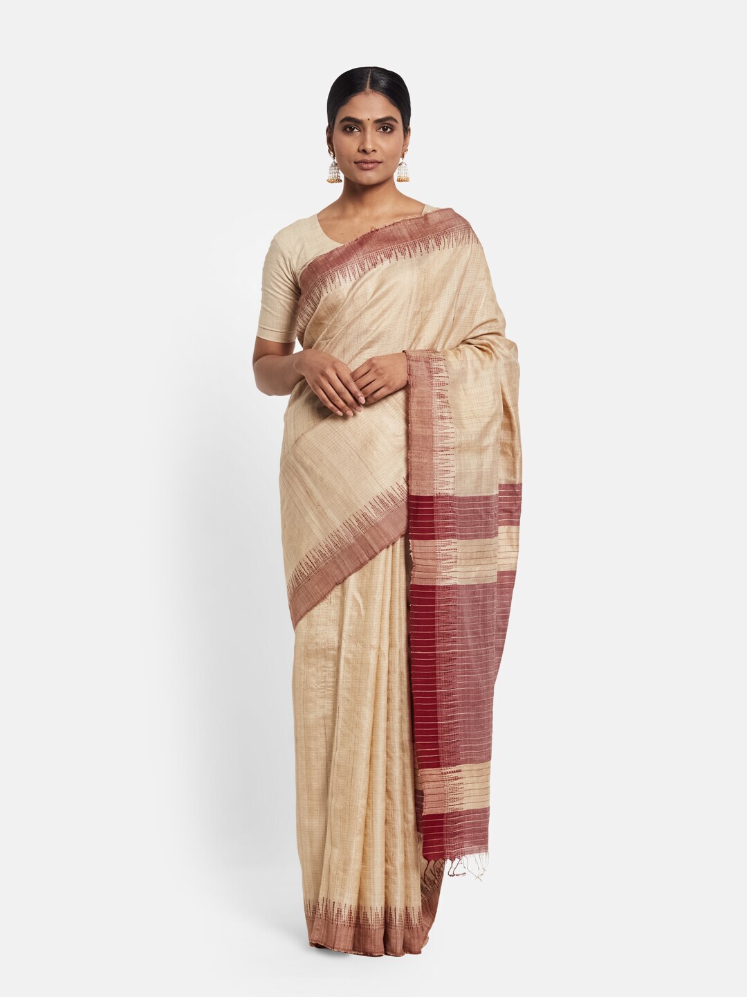 Fabindia Off White & Maroon Striped Silk Cotton Saree Price in India