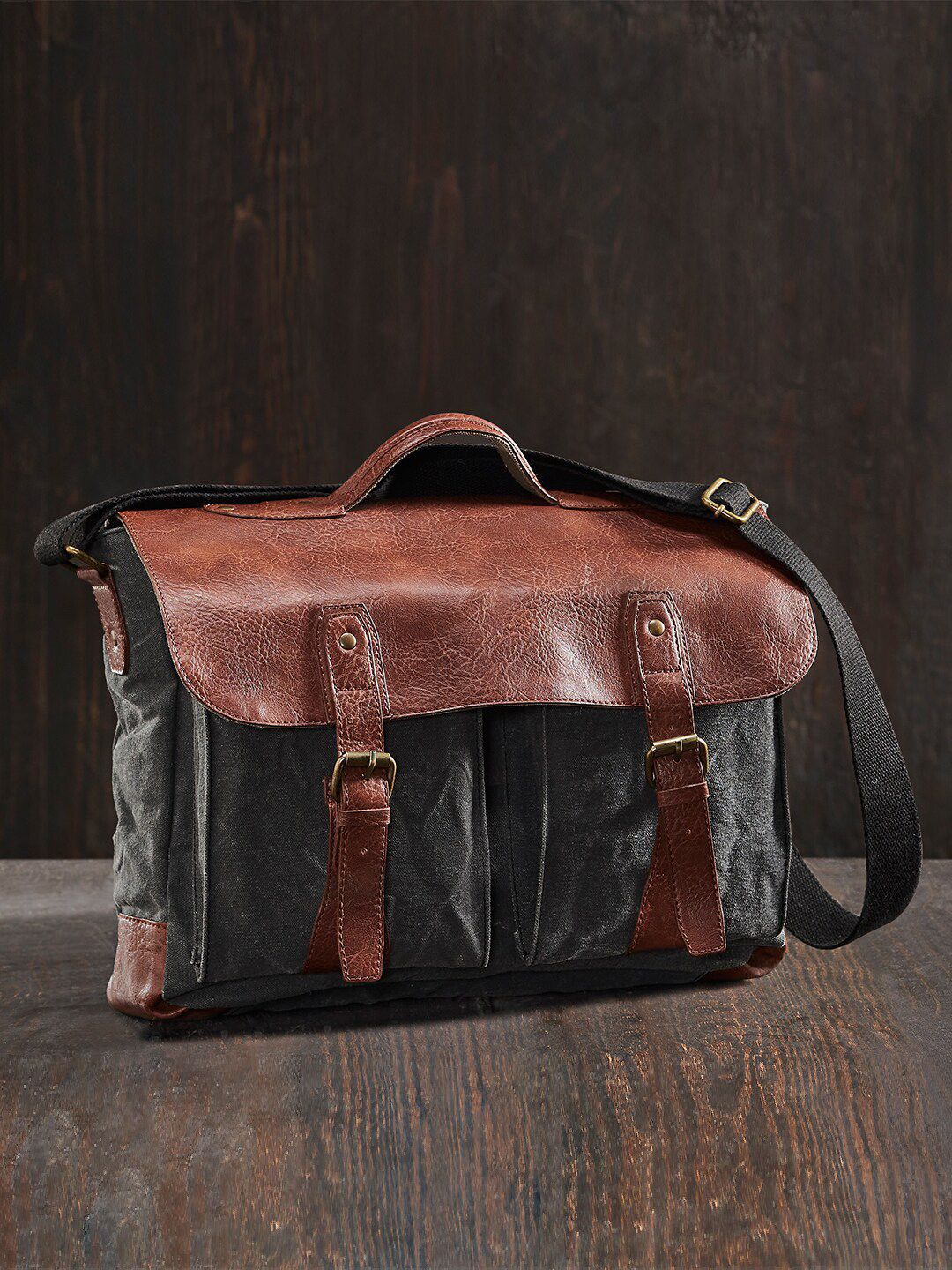 Buy Mona B Unisex Black & Brown Upcycled Canvas Messenger Bag