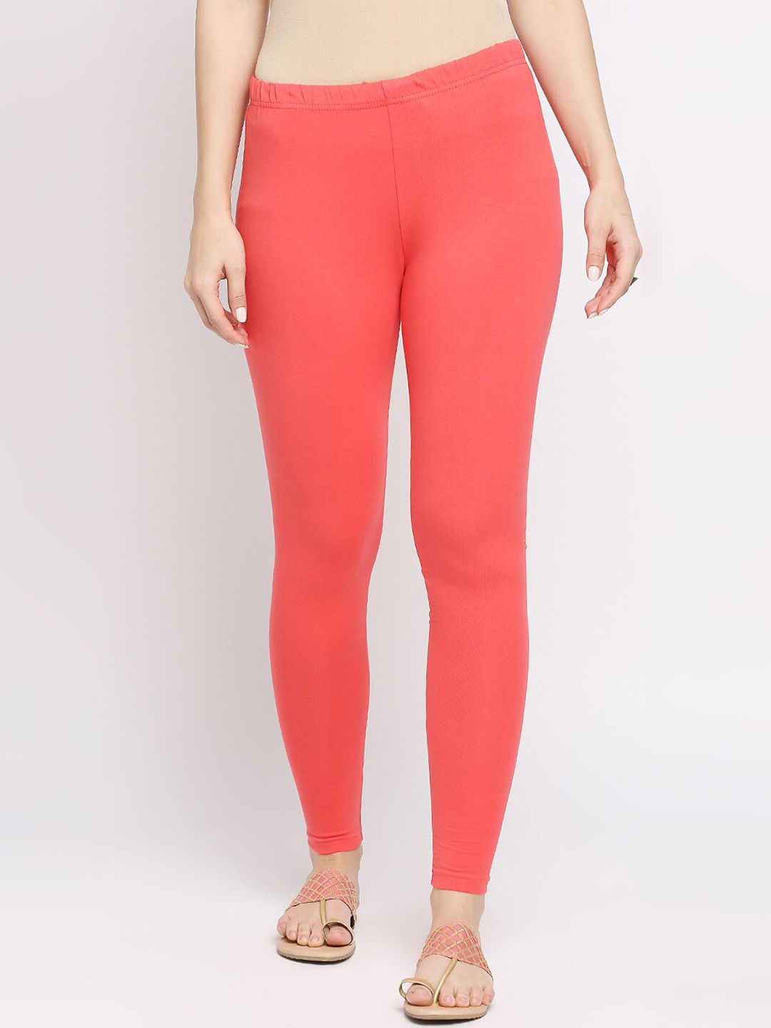 Ethnicity Women Peach-Coloured Solid Cotton Lycra Ankle Length Leggings Price in India