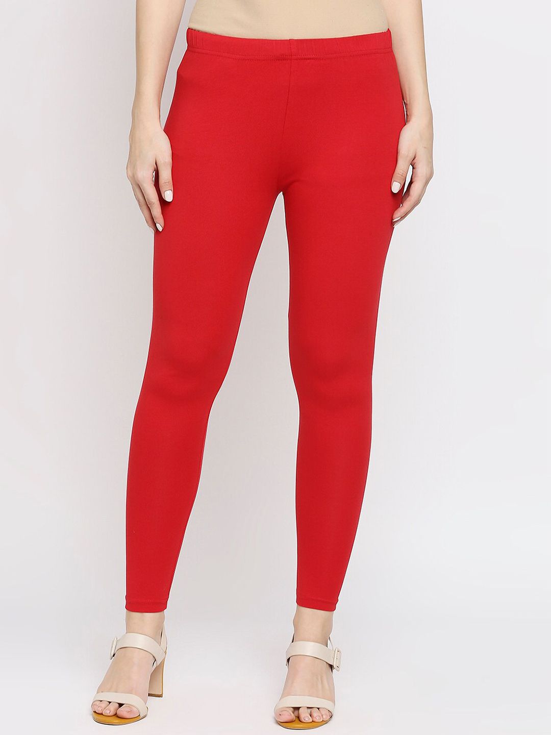Ethnicity Women Red Solid Ankle-Length Leggings Price in India