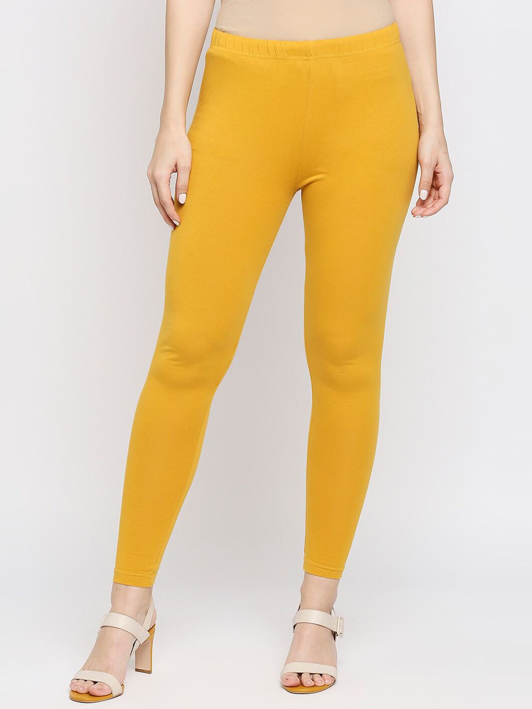 Ethnicity Women Yellow Solid Cotton Ankle Length Leggings Price in India