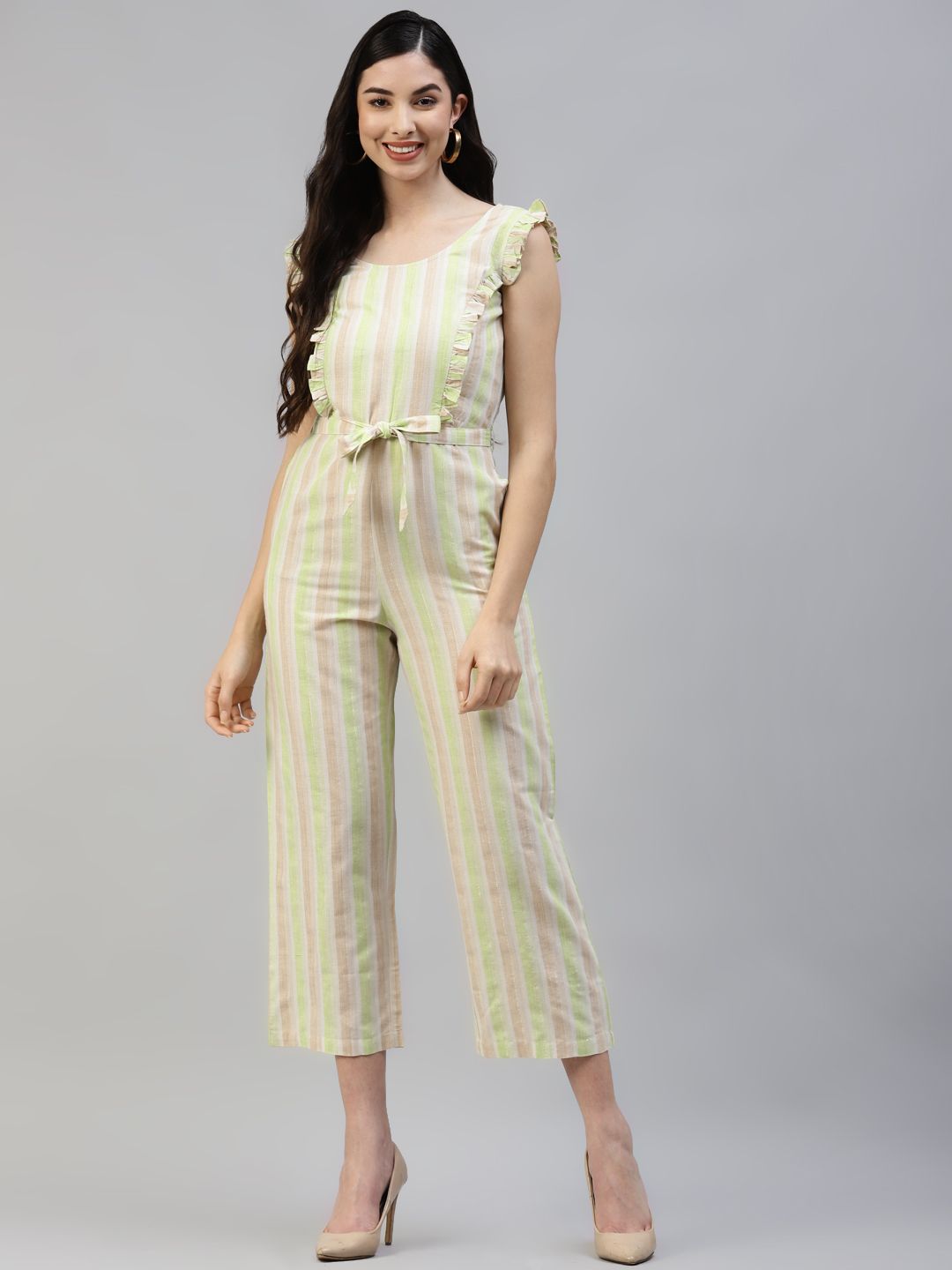 Poshak Hub Women Green & Beige Pure Cotton Striped Basic Jumpsuit with Ruffles Price in India