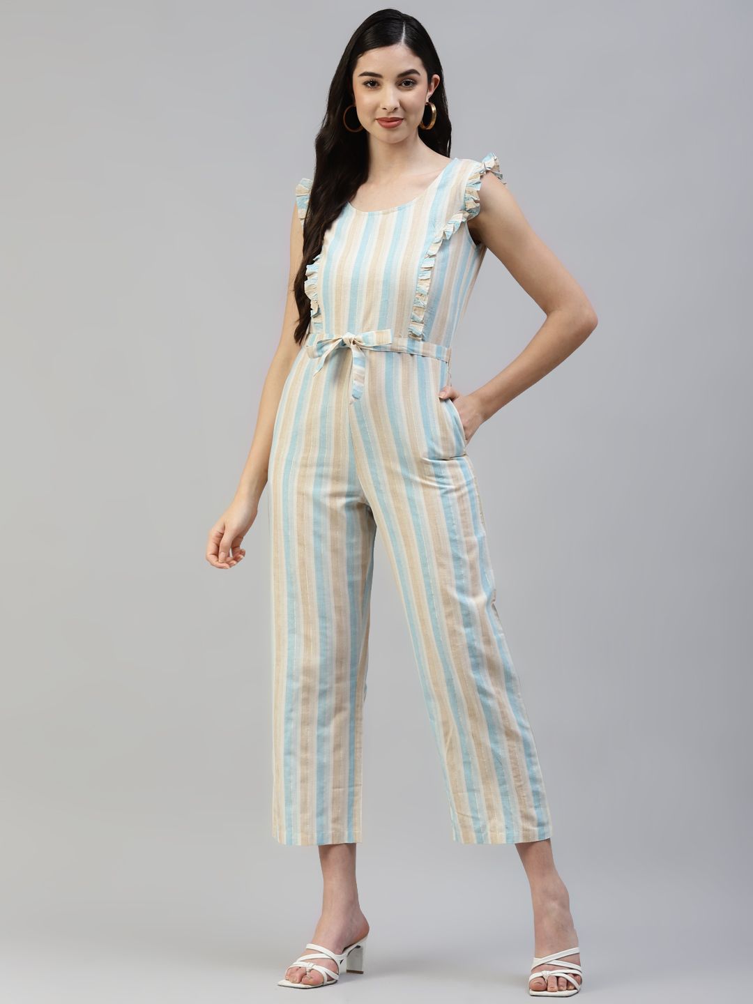 Poshak Hub women Blue & Beige Pure Cotton Striped Basic Jumpsuit with Ruffles Price in India