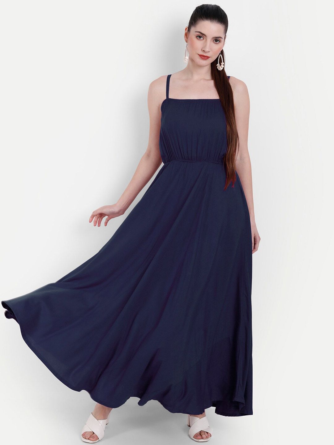 Globon Impex Navy Blue Solid Fit and Flare Maxi Dress Price in India