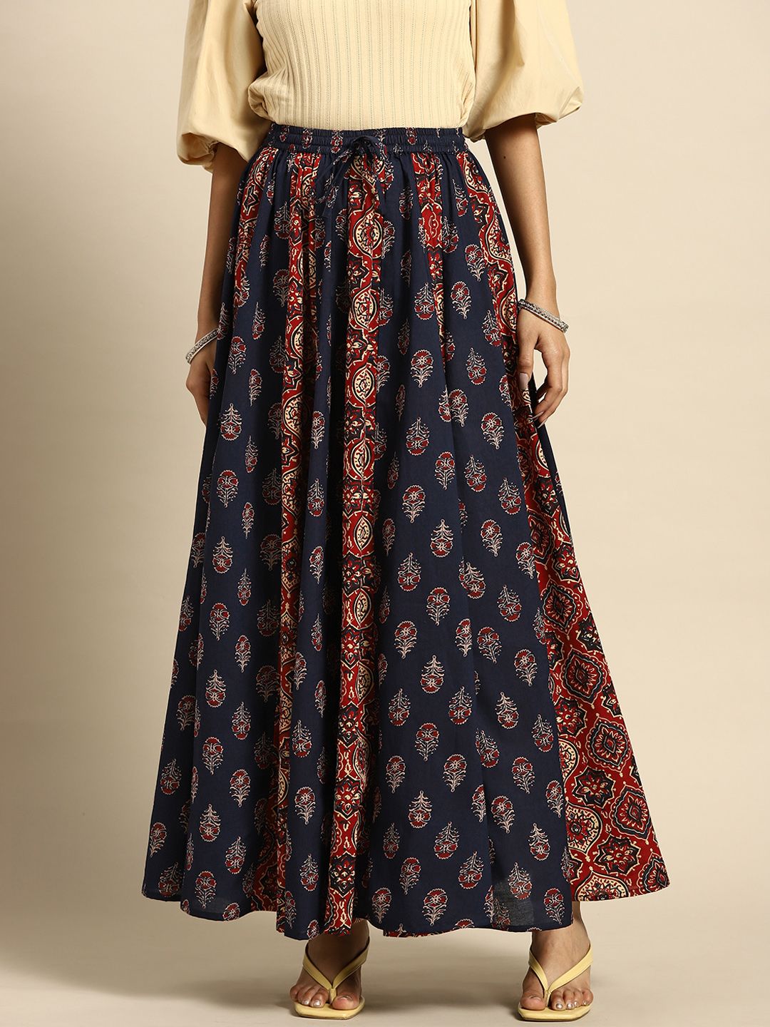 anayna Women Navy Blue & Maroon Printed Flared Cotton Maxi Skirt Price in India