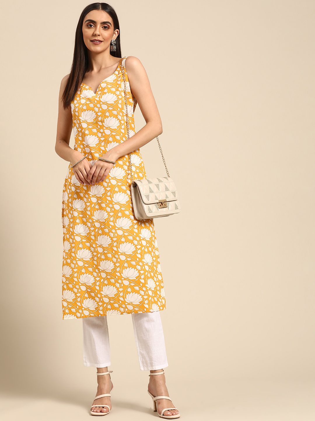 anayna Women Yellow & White Pure Cotton Floral Printed Floral Kurta Price in India