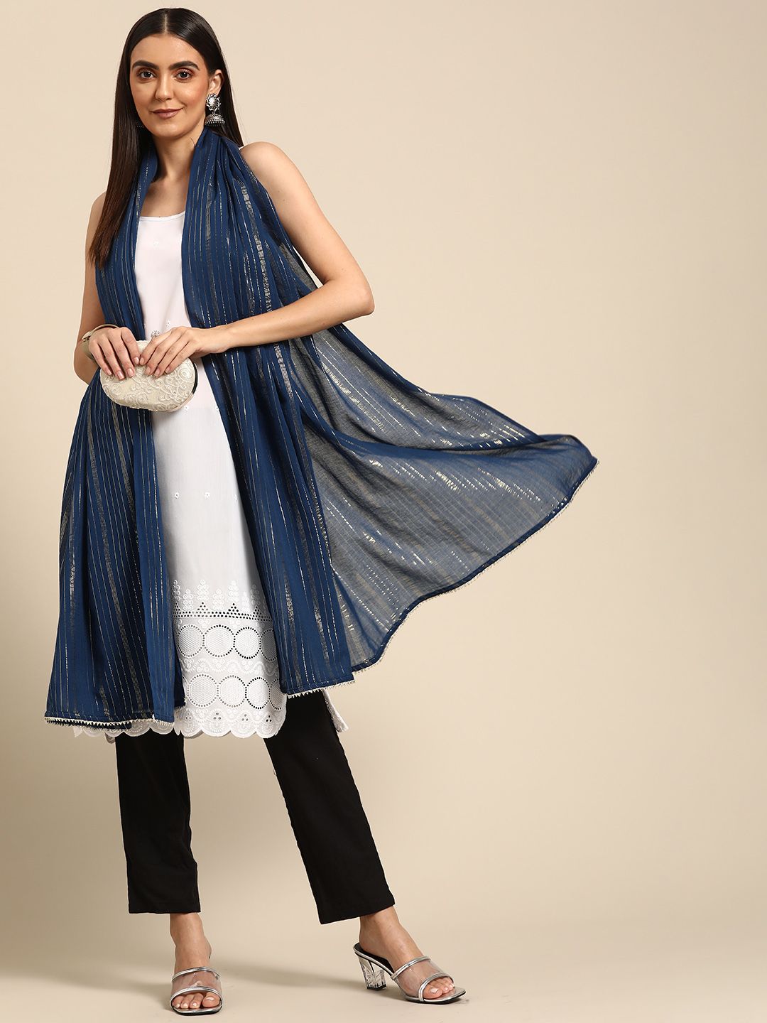 anayna Blue & White Striped Pure Cotton Dupatta with Gotta Patti Price in India