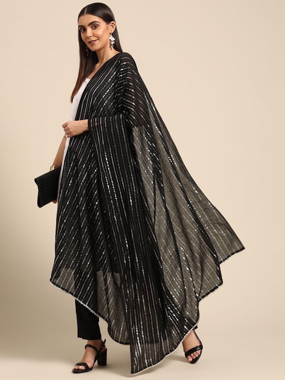 anayna Black & White Striped Pure Cotton Dupatta with Gotta Patti Price in India