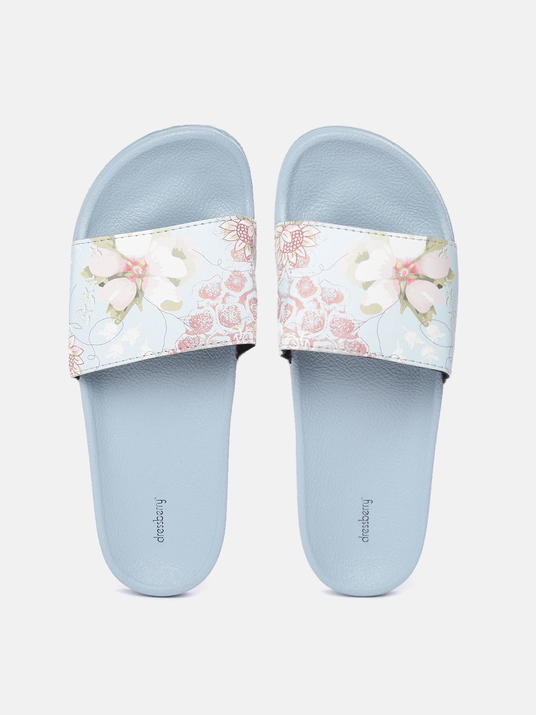 DressBerry Women Blue & Pink Floral Print Sliders Price in India