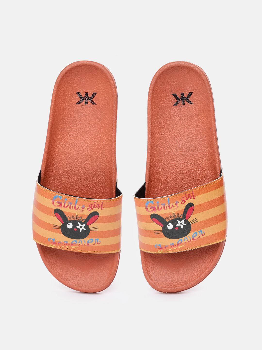 Kook N Keech Women Orange & Black Striped & Printed Sliders Price in India