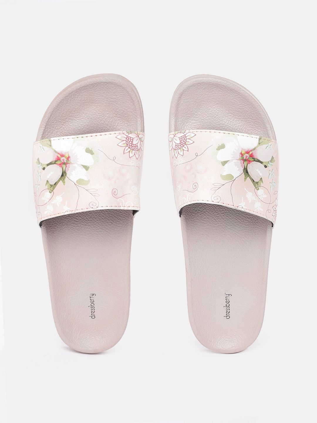 DressBerry Women Peach-Coloured & White Floral Print Sliders Price in India