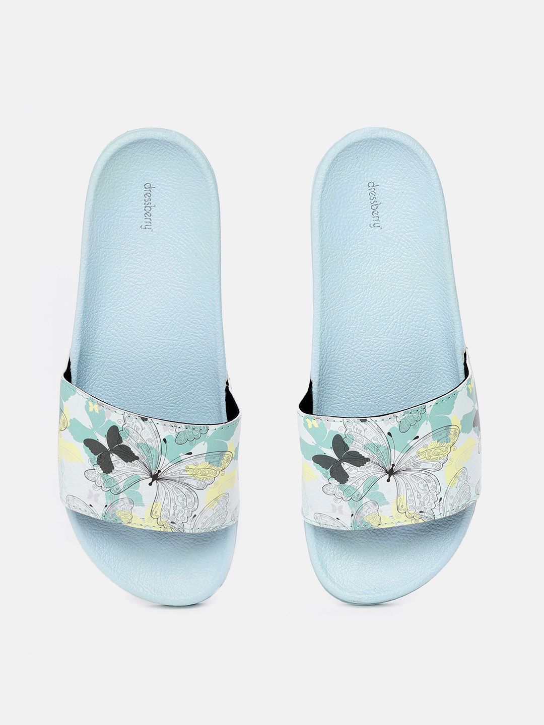 DressBerry Women Sage Green & Black Butterfly Print Sliders Price in India