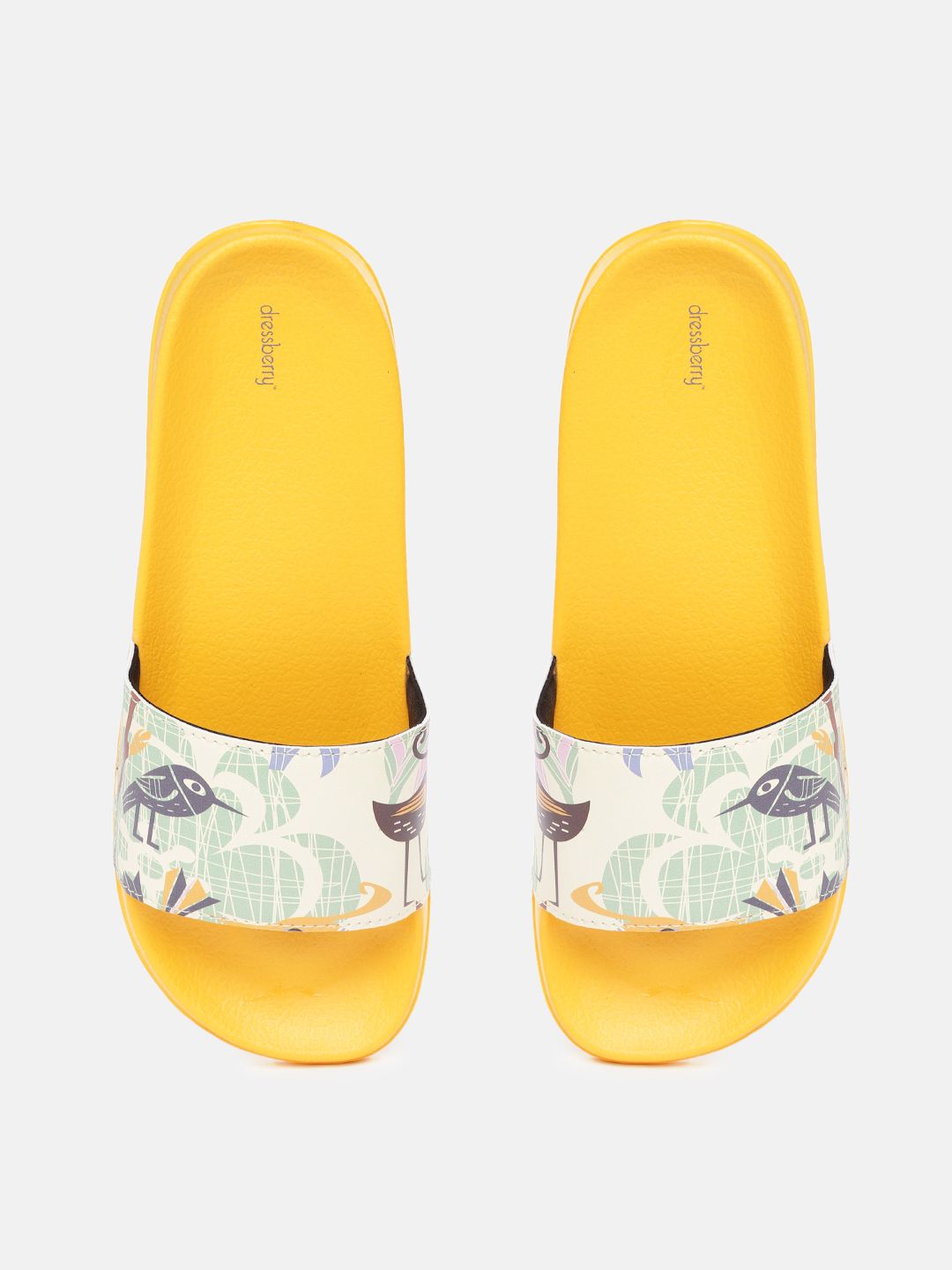 DressBerry Women Lemon Yellow & Green Printed Sliders Price in India