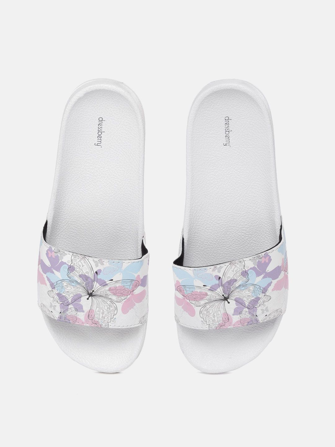DressBerry Women White & Purple Butterfly Print Sliders Price in India