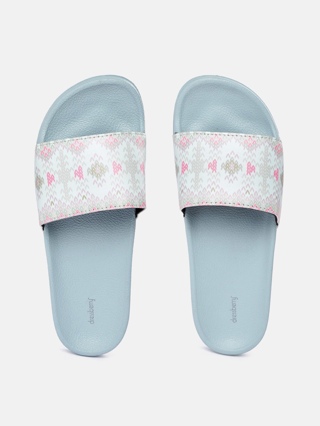 DressBerry Women Blue & Pink Printed Sliders Price in India