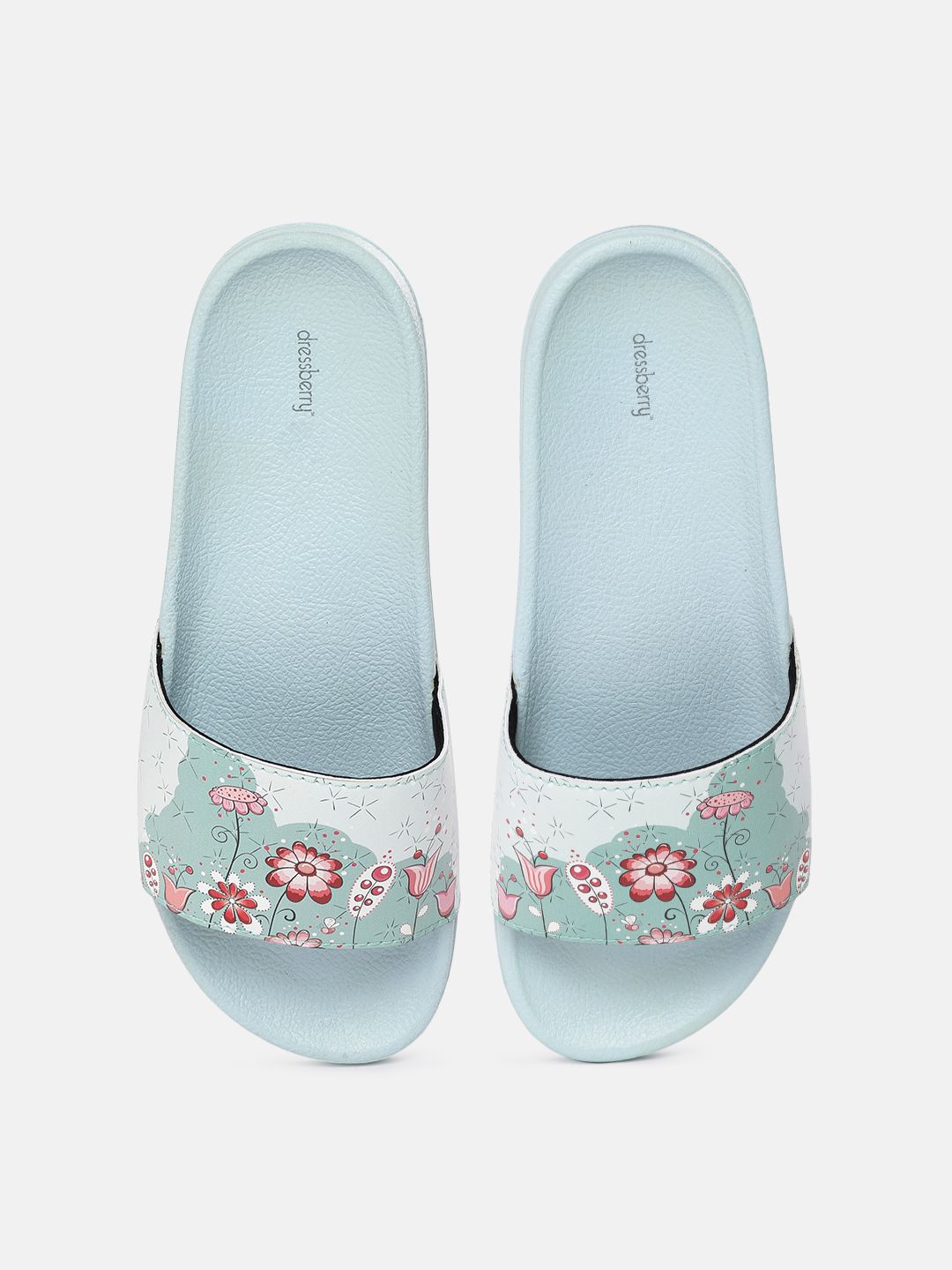 DressBerry Women Sage Green & Pink Floral Print Sliders Price in India