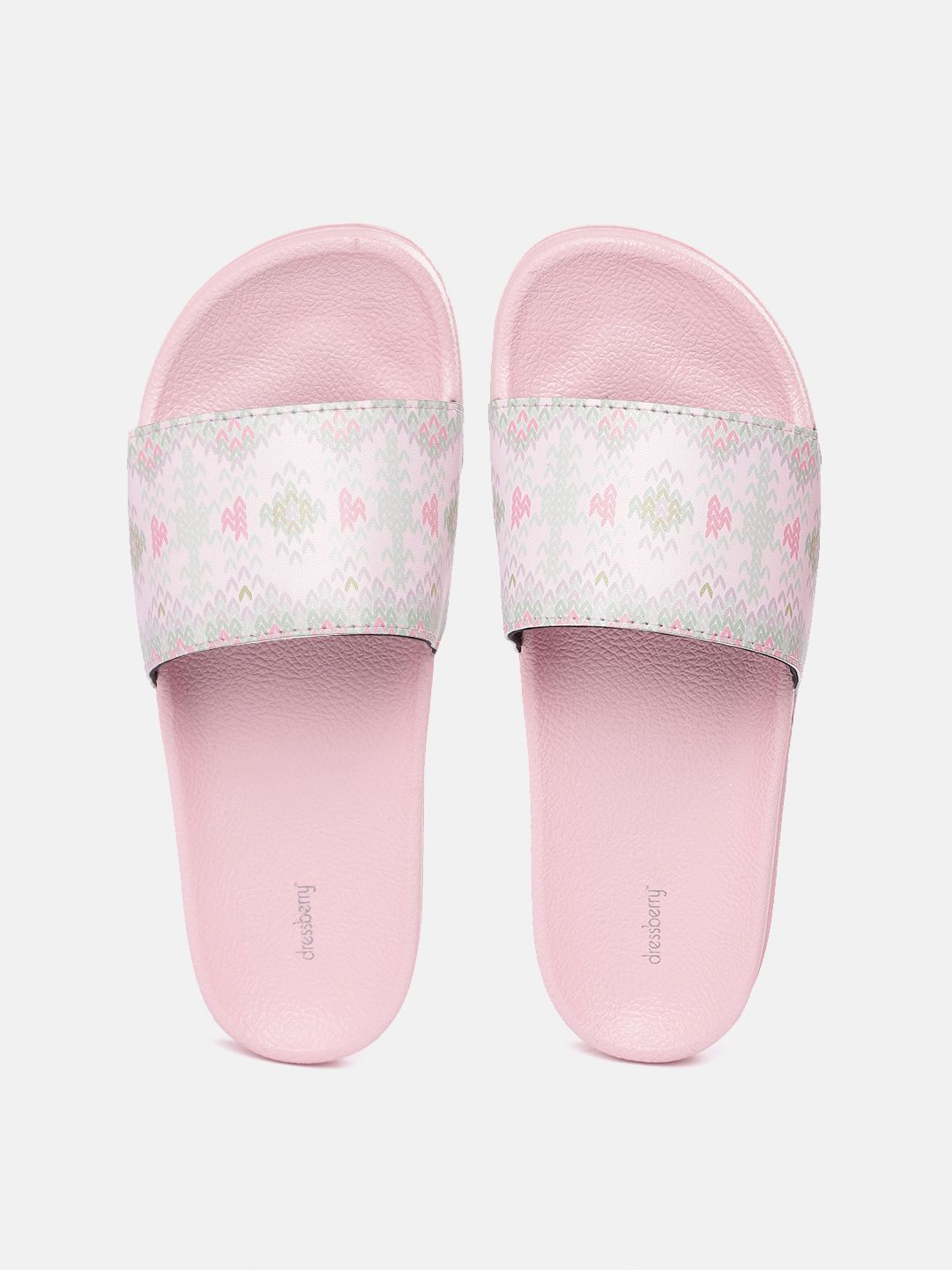 DressBerry Women Pink & Green Printed Sliders Price in India