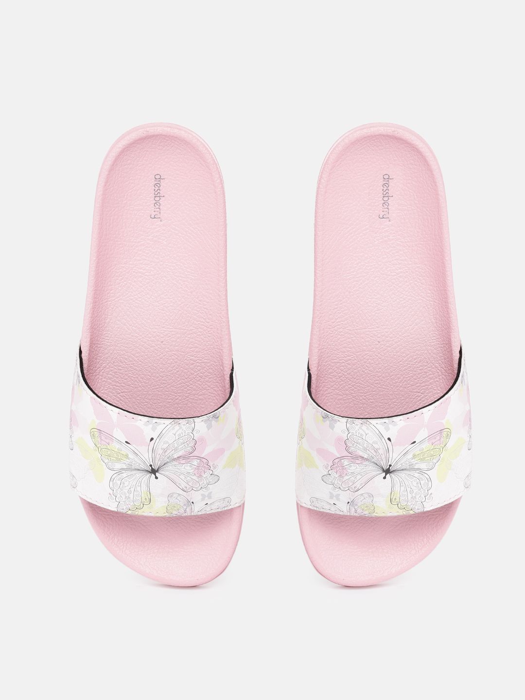 DressBerry Women White & Pink Butterfly Print Sliders Price in India