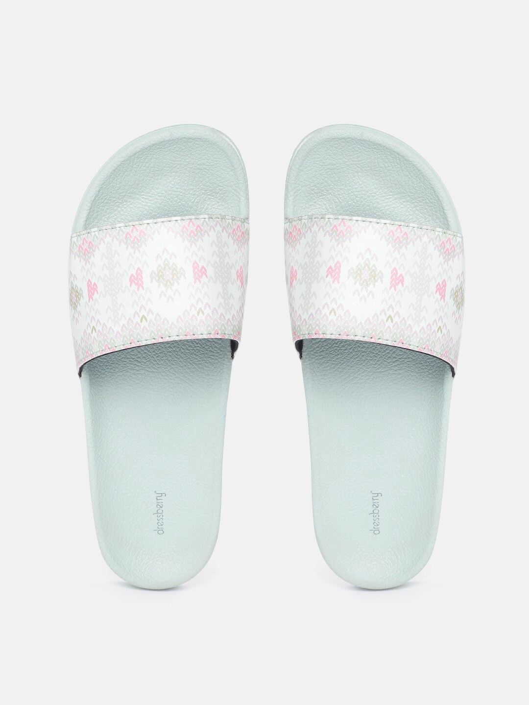 DressBerry Women Mint Green & Pink Printed Sliders Price in India