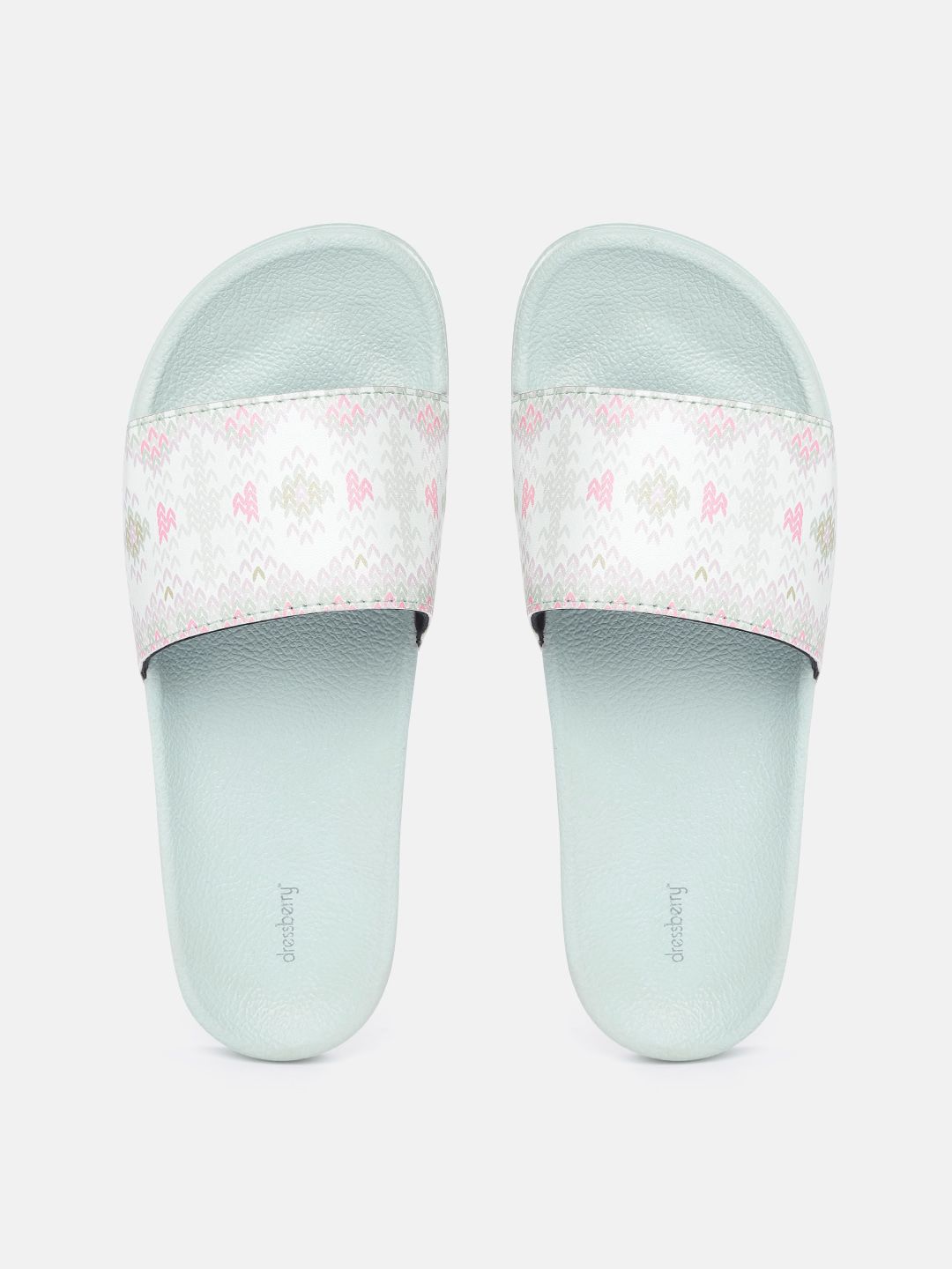 DressBerry Women Mint Green & Pink Printed Sliders Price in India