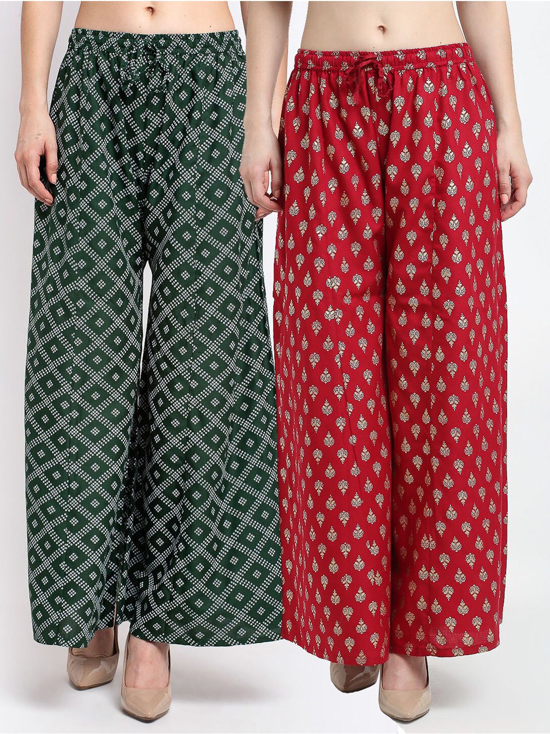 Jinfo Women Green & Maroon Pack Of 2 Geometric Printed Straight Fit Palazzos Price in India