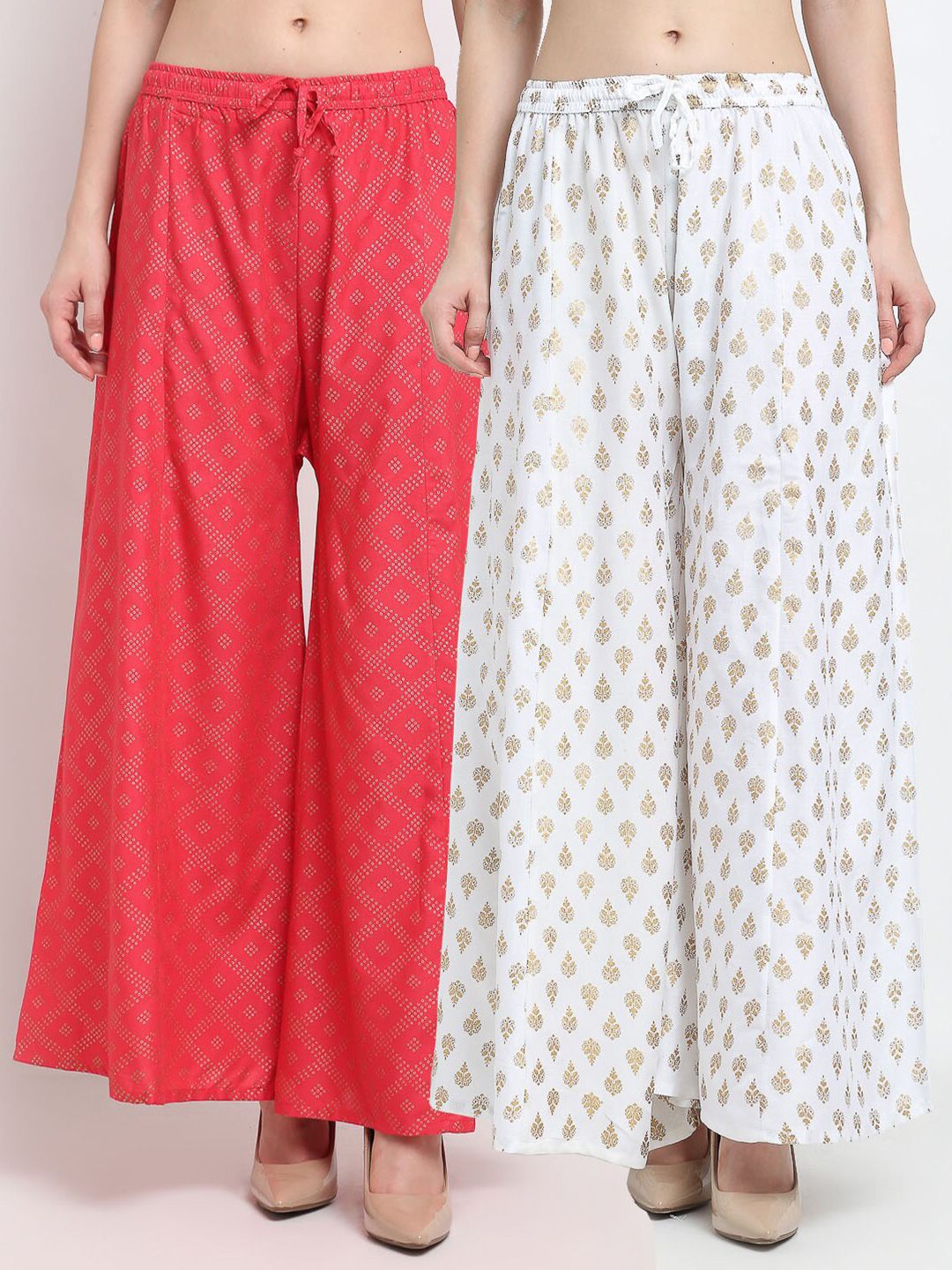 Jinfo Women Coral & White Set Of 2 Ethnic Motifs Printed Flared Ethnic Palazzos Price in India