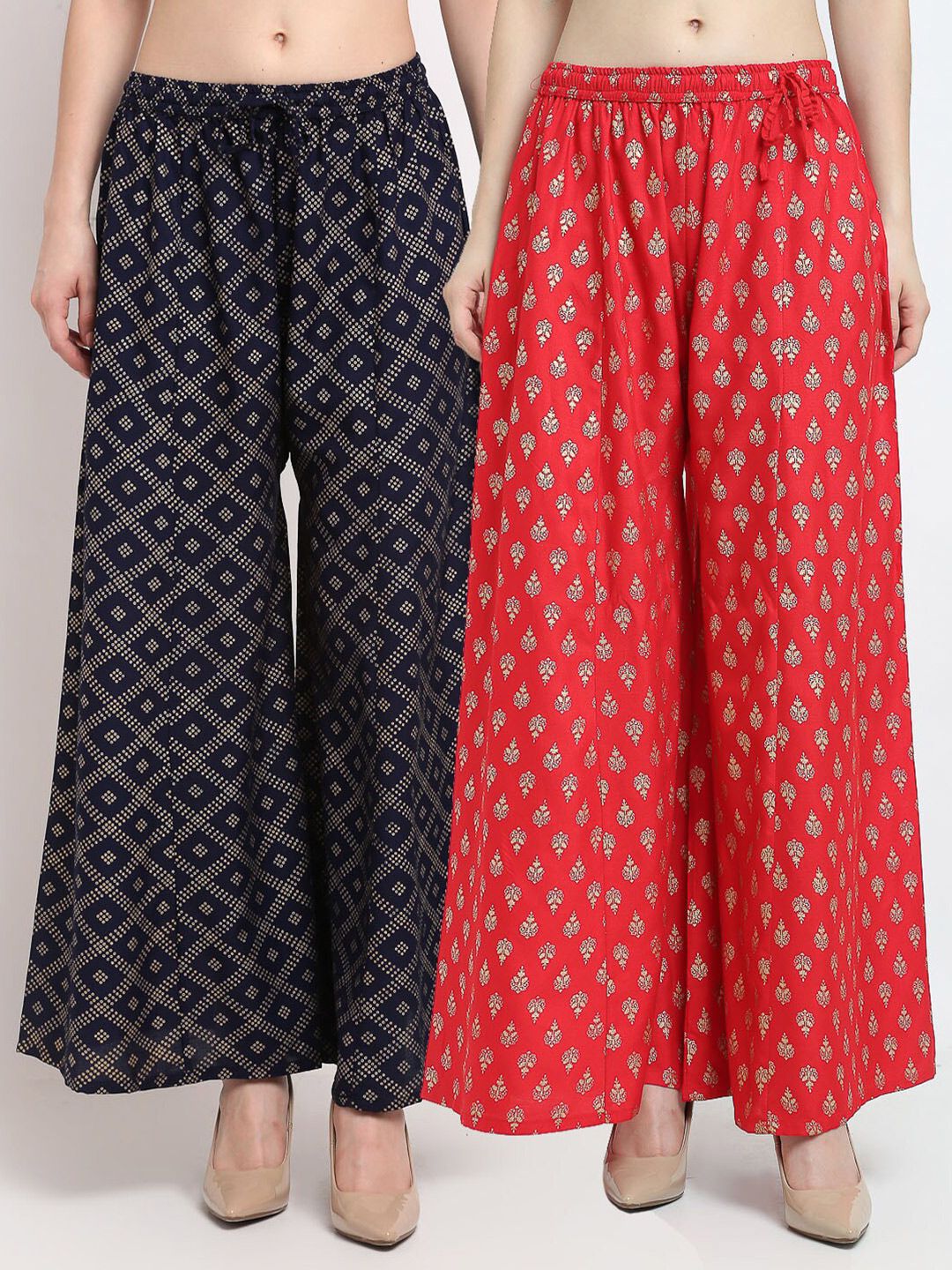 Jinfo Women Pack of 2 Navy Blue & Red Ethnic Motifs Printed Flared Knitted Ethnic Palazzos Price in India