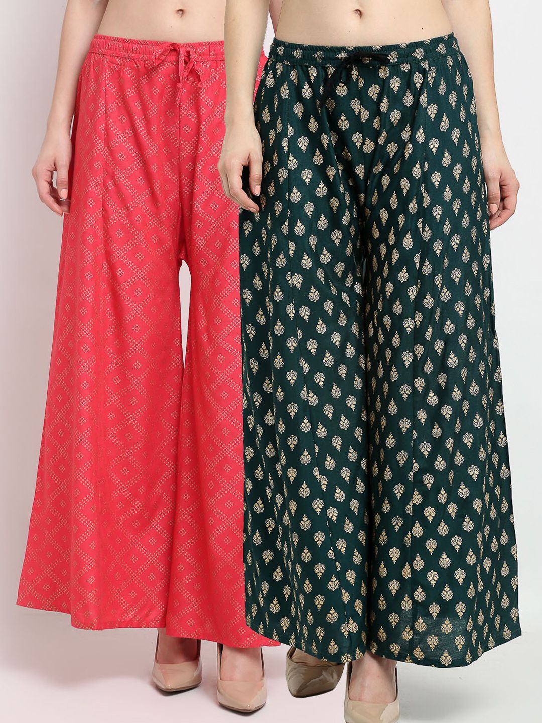 Jinfo Women Coral & Green Set Of 2 Ethnic Motifs Printed Flared Ethnic Palazzos Price in India