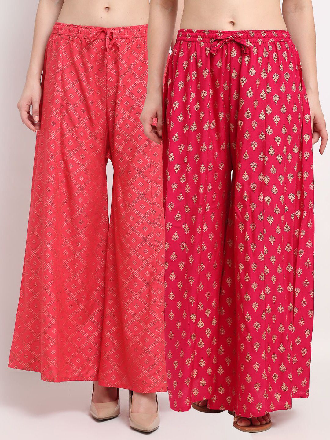 Jinfo Women Orange & Fuchsia Set of 2 Printed Flared Knitted Ethnic Palazzos Price in India