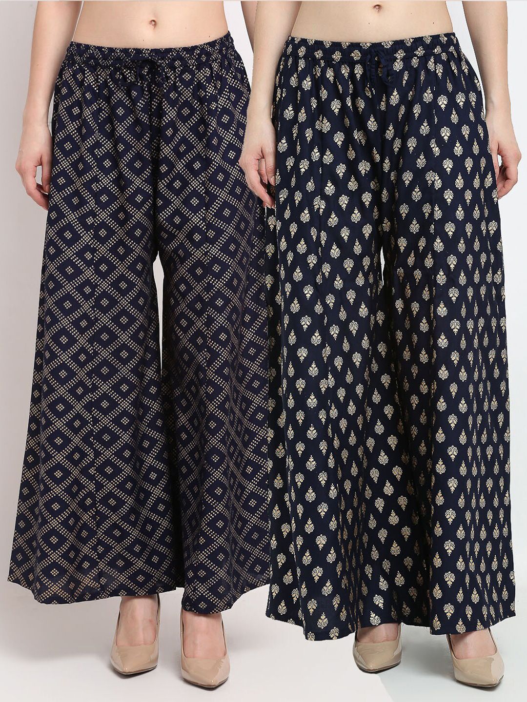 Jinfo Women Pack of 2 Navy Blue & Gold-Toned Printed Flared Knitted Ethnic Palazzos Price in India