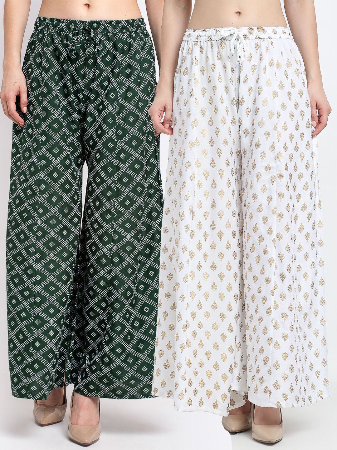 Jinfo Women Green & White Set Of 2 Ethnic Motifs Printed Flared Ethnic Palazzos Price in India