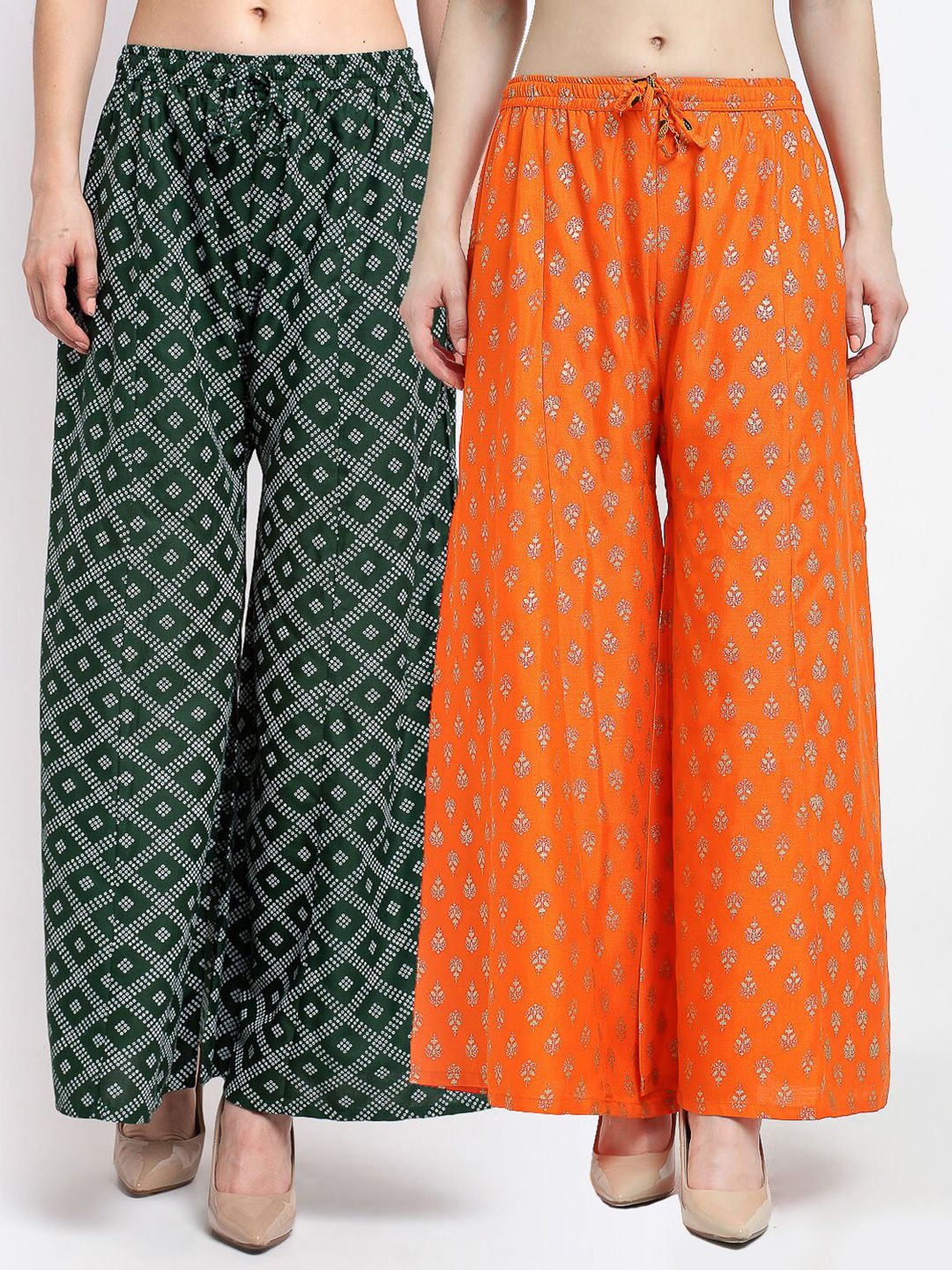 Jinfo Women Green & Orange Set Of 2 Block Printed Straight Fit Palazzos Price in India