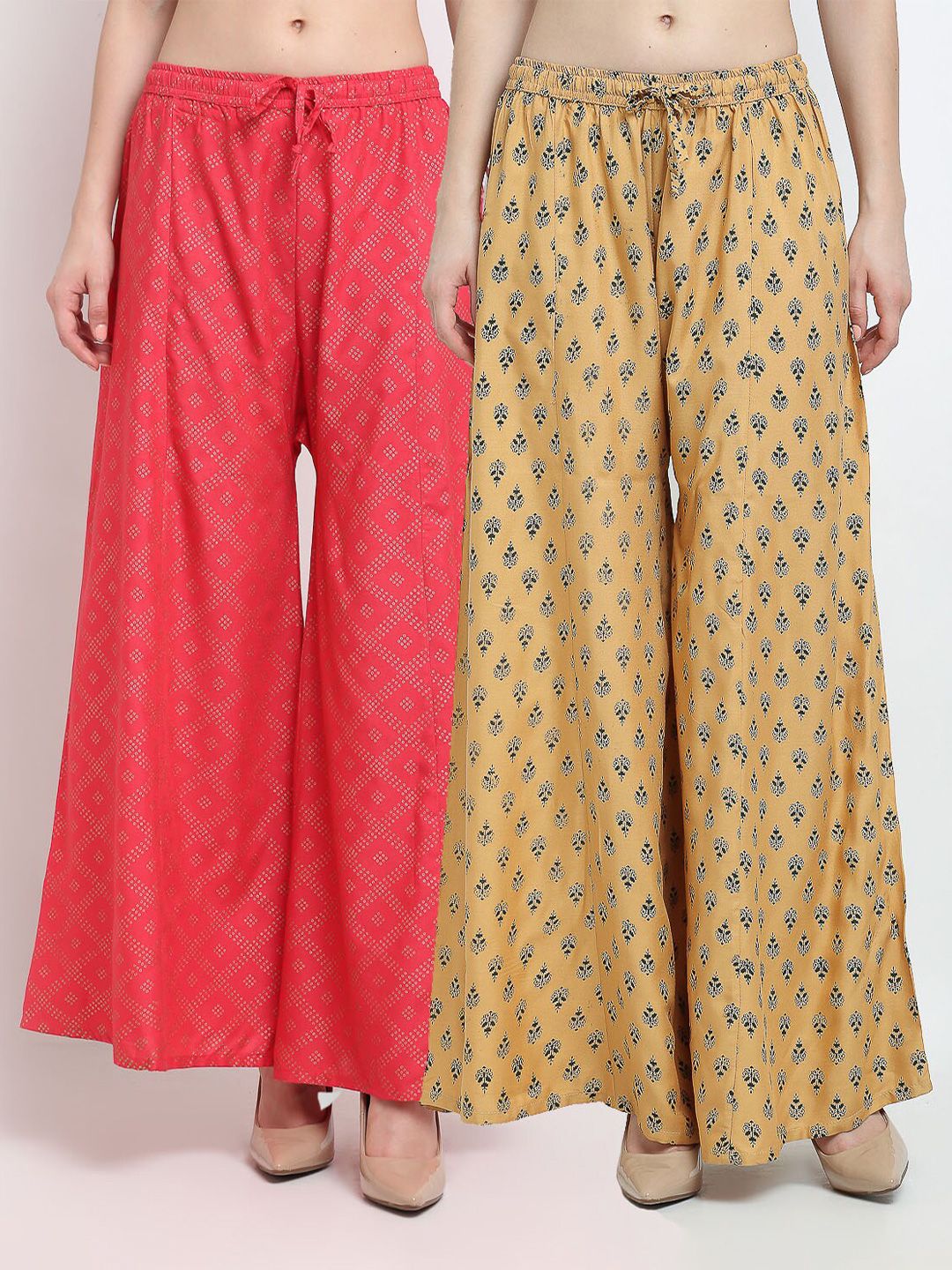 Jinfo Women Coral & Yellow Set Of 2 Ethnic Motifs Printed Flared Knitted Ethnic Palazzos Price in India