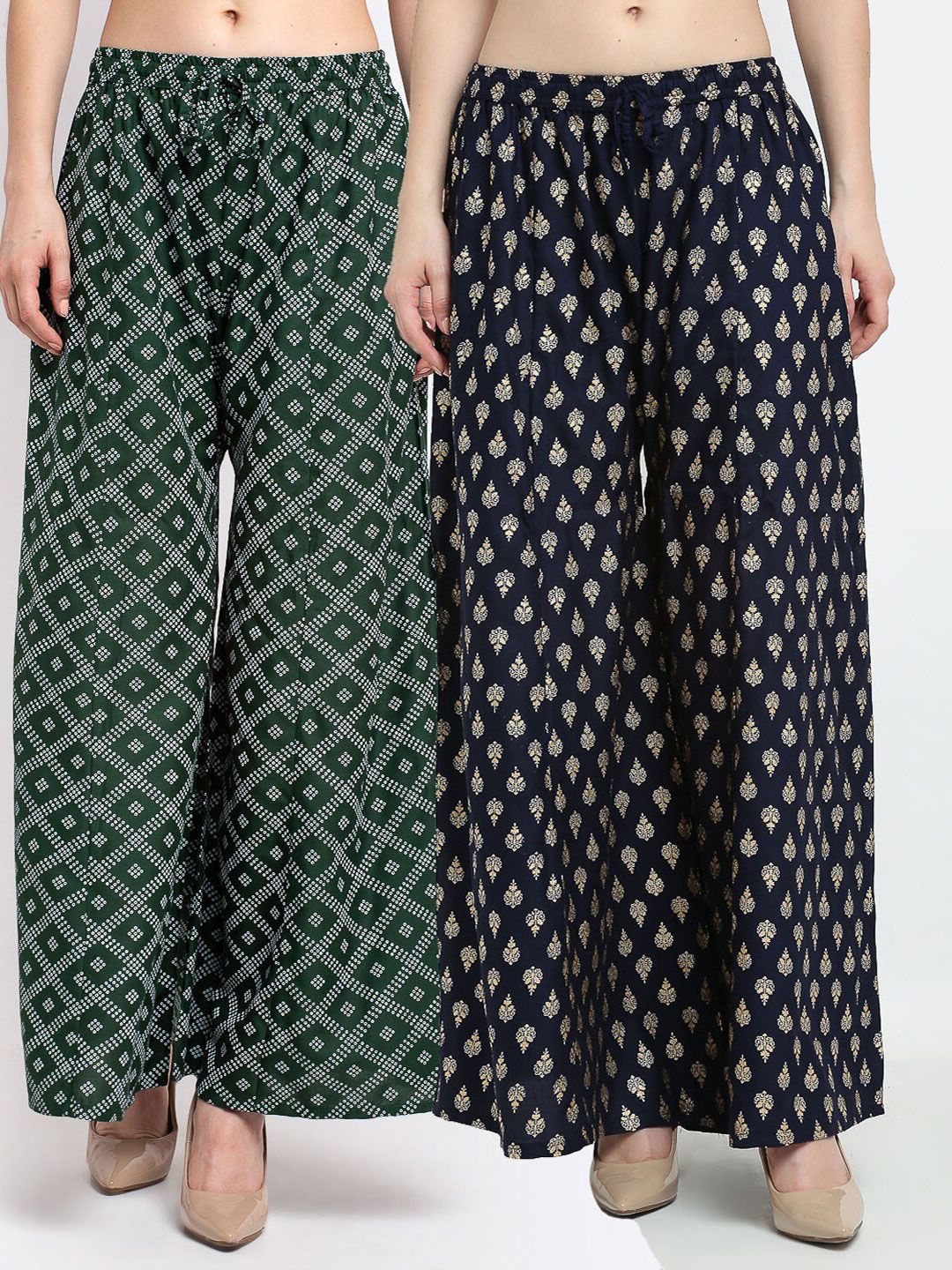 Jinfo Women Green & Navy Blue Set of 2 Printed Flared Knitted Ethnic Palazzos Price in India