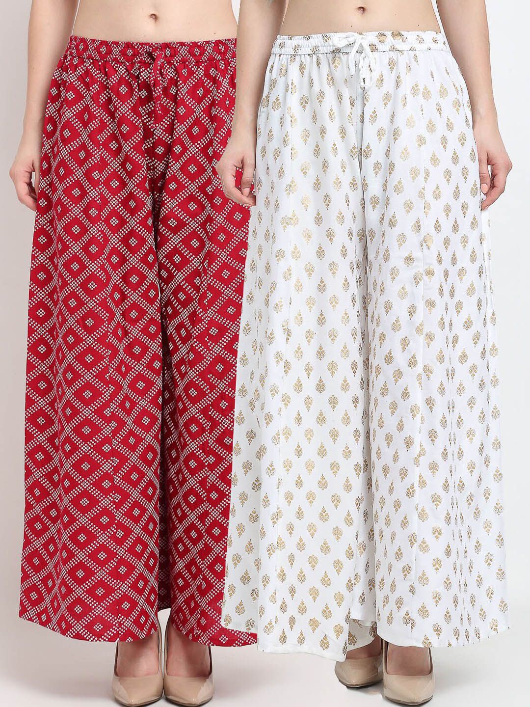 Jinfo Women Maroon & White Set Of 2 Block Printed Flared Fit Palazzos Price in India