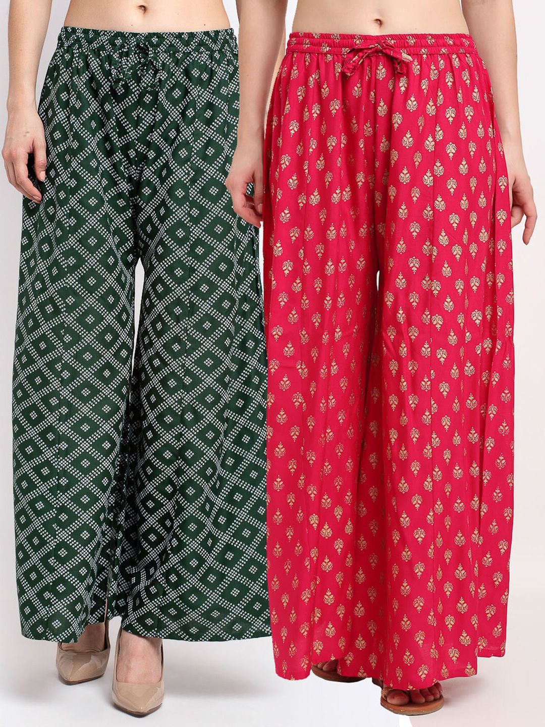 Jinfo Women Green & Fuchsia Set of 2 Ethnic Motifs Printed Flared Ethnic Palazzos Price in India