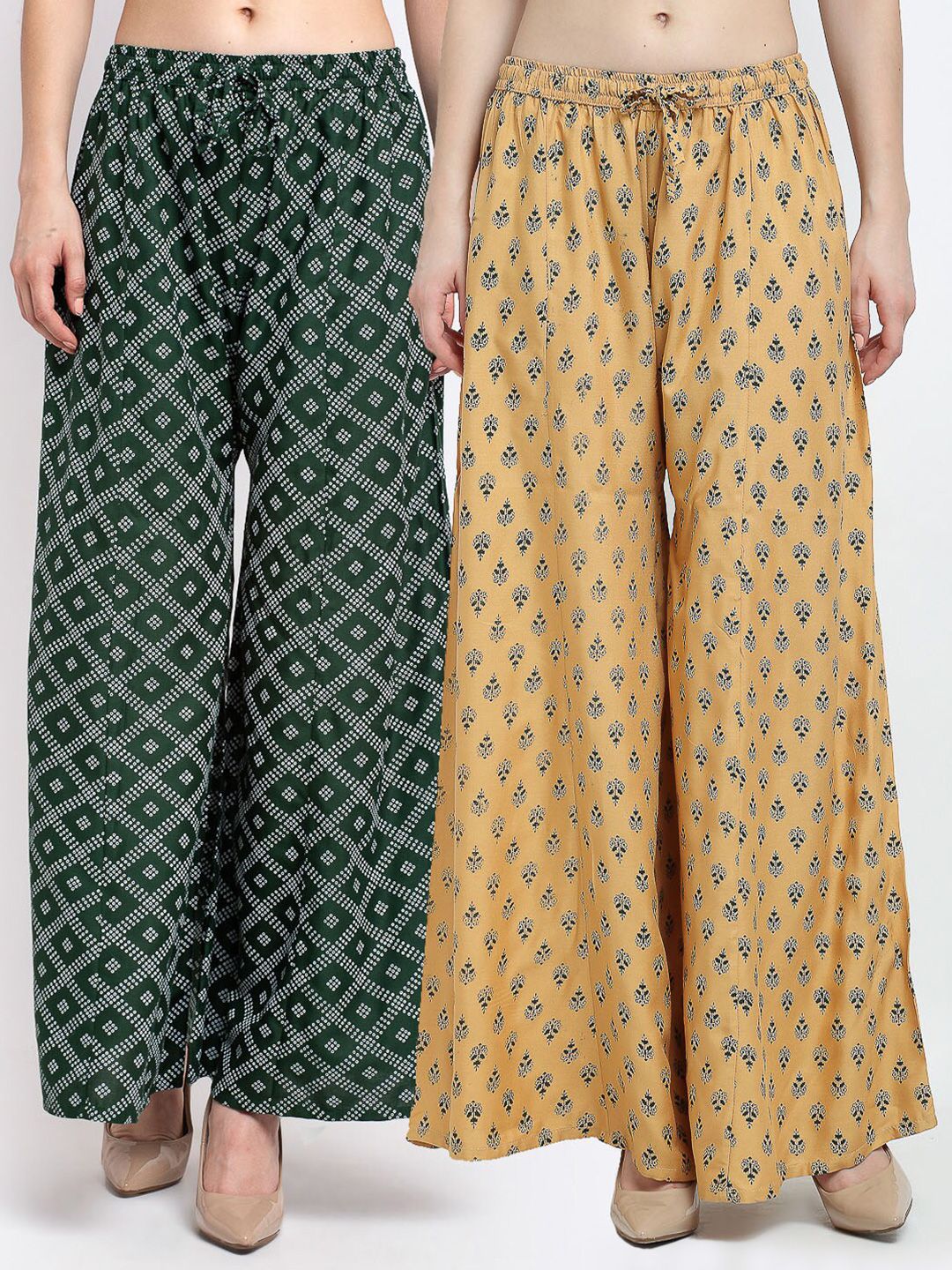 Jinfo Women Green & Camel Brown Set of 2 Ethnic Motifs Printed Flared Ethnic Palazzos Price in India