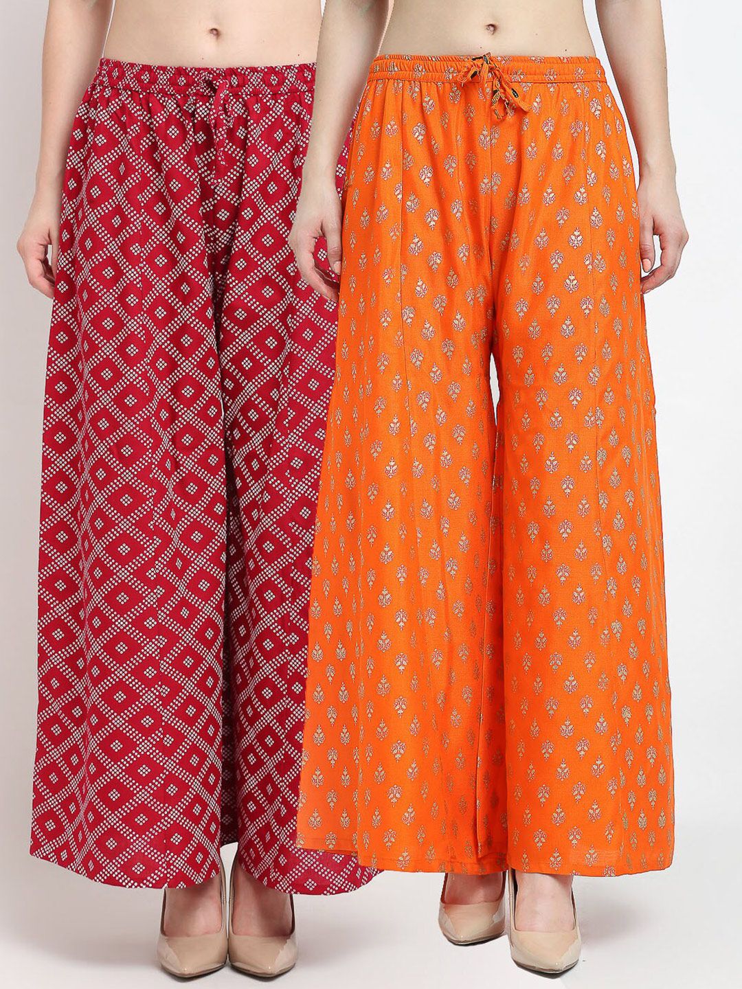 Jinfo Women Pack of 2 Maroon & Orange Ethnic Motifs Printed Flared Ethnic Palazzos Price in India