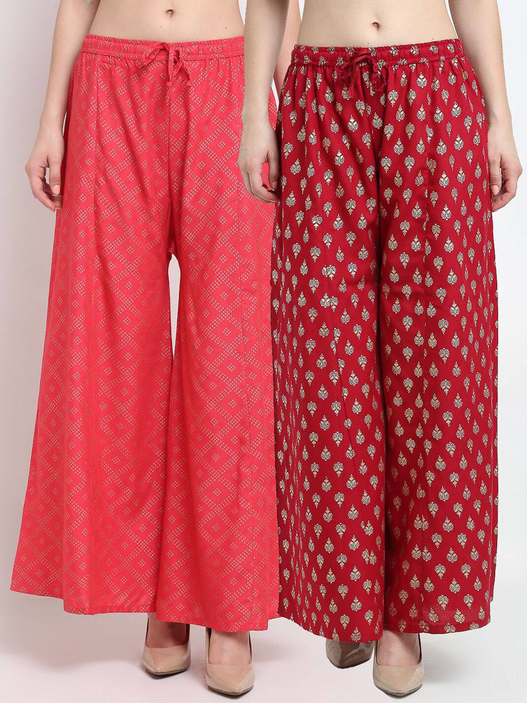 Jinfo Women Coral & Maroon Set of 2 Ethnic Motif Block Printed Ethnic Palazzos Price in India